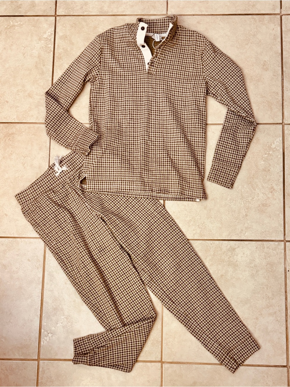 Janie and Jack light brown and cream houndstooth jacquard pattern outfit